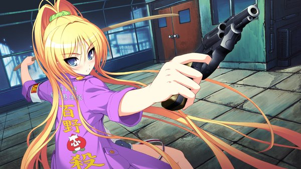 Anime picture 2048x1152 with axanael (game) long hair blush highres blue eyes blonde hair wide image game cg girl weapon