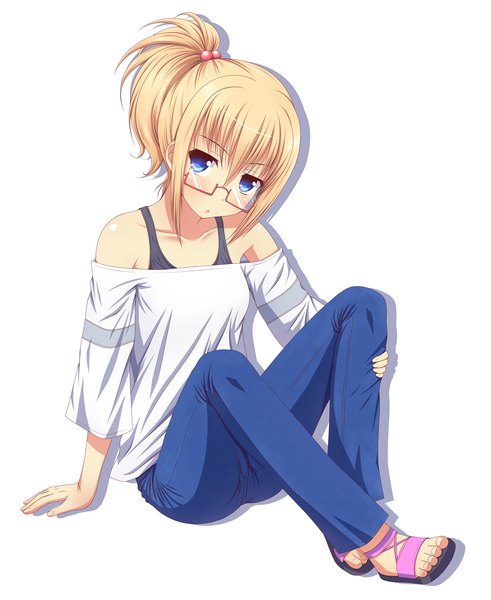 Anime picture 1022x1248 with original kk-sk-ray single tall image looking at viewer short hair blue eyes simple background blonde hair white background bare shoulders girl glasses