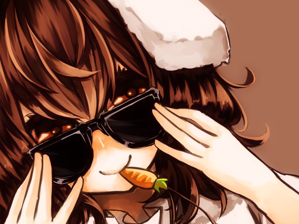 Anime picture 1600x1200 with touhou inaba tewi mister rhino (wangzisama1001) single short hair smile red eyes brown hair girl glasses sunglasses
