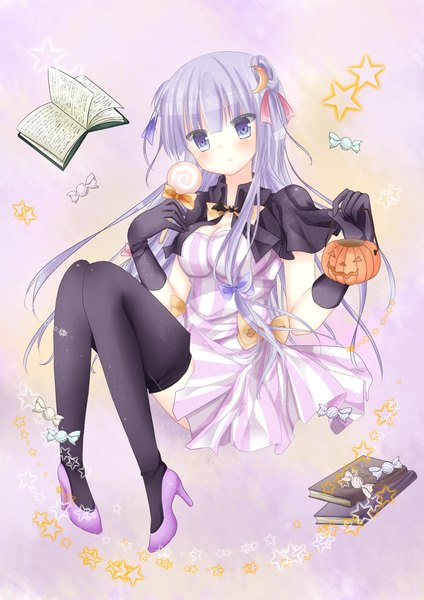 Anime picture 1156x1636 with touhou patchouli knowledge single long hair tall image blush purple eyes purple hair halloween girl thighhighs dress gloves ribbon (ribbons) black thighhighs hair ribbon food sweets star (symbol) book (books)