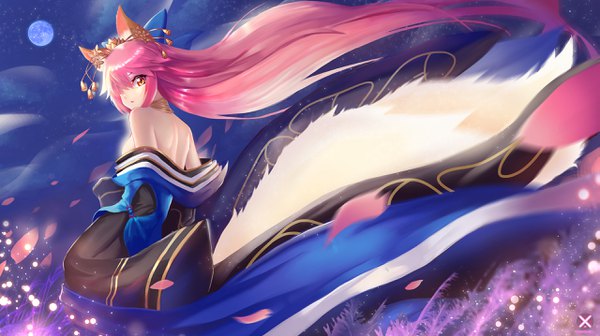 Anime picture 2557x1436 with fate (series) fate/extra tamamo (fate) (all) tamamo no mae (fate) mahousho single looking at viewer fringe highres breasts light erotic wide image bare shoulders animal ears yellow eyes payot pink hair tail very long hair traditional clothes