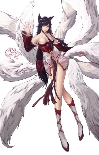 Anime picture 2700x4200 with league of legends ahri (league of legends) bryan song single long hair tall image looking at viewer blush highres breasts light erotic simple background large breasts white background bare shoulders animal ears yellow eyes cleavage tail nail polish