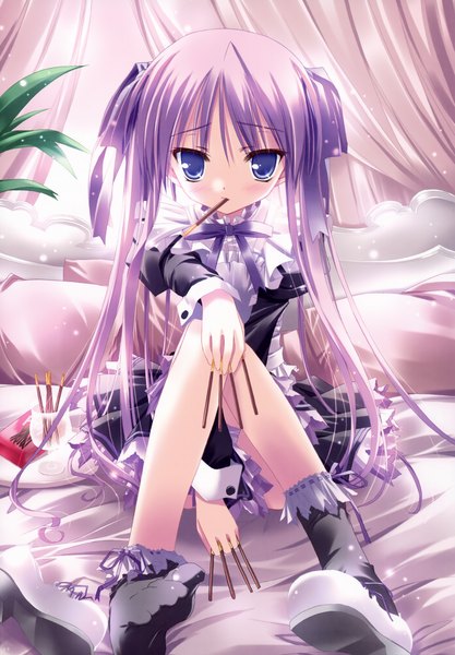 Anime picture 4876x7009 with byakuya chakai (artbook) tinker bell single long hair tall image highres blue eyes sitting twintails absurdres purple hair girl socks sweets black socks pocky