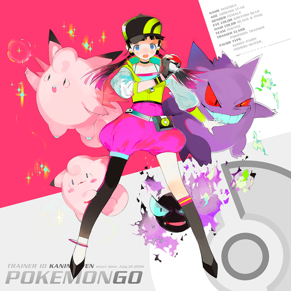 Anime picture 1000x1000 with pokemon pokemon (game) pokemon go original nintendo female protagonist (pokemon go) gastly gengar clefairy clefable kaninnvven long hair looking at viewer blush open mouth blue eyes black hair twintails pink hair multicolored hair