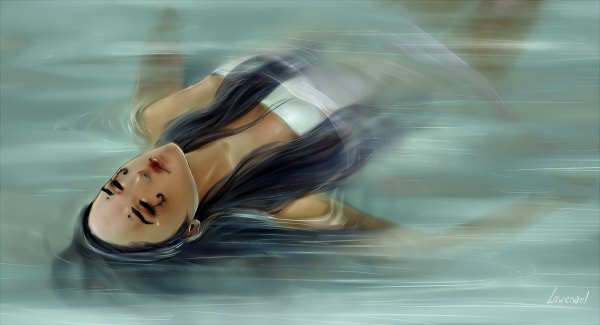 Anime picture 1200x650 with original lowenael single long hair black hair wide image bare shoulders signed lying eyes closed face paint girl water
