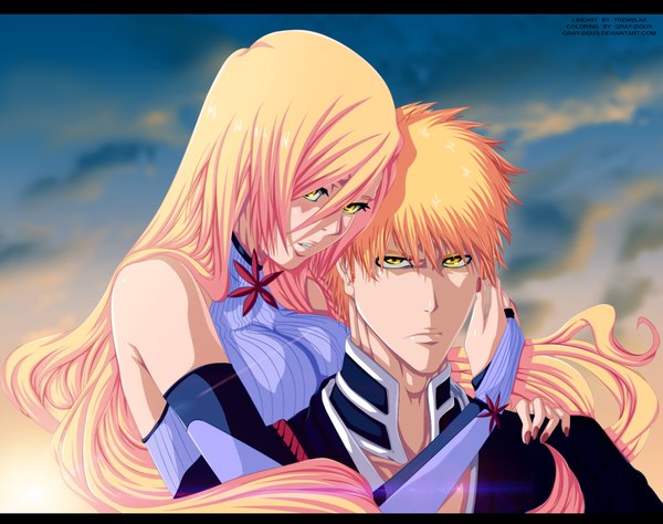 Anime picture 1500x1185 with bleach studio pierrot kurosaki ichigo inoue orihime gray-dous long hair short hair blonde hair yellow eyes sky cloud (clouds) nail polish traditional clothes japanese clothes sunlight hug coloring girl boy kimono