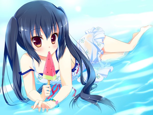 Anime picture 1600x1200 with k-on! kyoto animation nakano azusa black hair twintails brown eyes food sweets ice cream popsicle watermelon bar