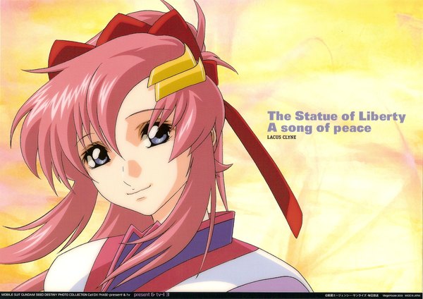 Anime picture 2018x1428 with mobile suit gundam gundam seed destiny sunrise (studio) lacus clyne single highres simple background pink hair light smile grey eyes wallpaper yellow background girl hair ornament ribbon (ribbons) hair ribbon hairclip