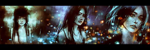Anime picture 1940x650 with original nanfe long hair looking at viewer short hair open mouth black hair wide image bare shoulders multiple girls black eyes realistic portrait letterboxed rain sad girl dress white dress black dress