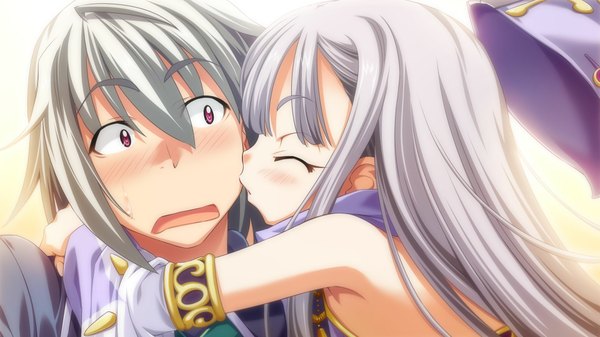 Anime picture 1920x1080 with taiyou no promia kodama (taiyou no promia) rinowahl long hair highres short hair red eyes wide image game cg grey hair loli kiss girl boy