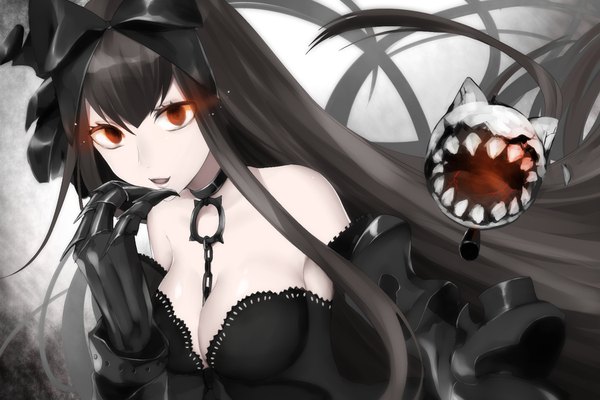 Anime picture 1800x1200 with kantai collection seaplane tender hime sakiryo kanna single looking at viewer fringe highres breasts open mouth light erotic black hair hair between eyes red eyes large breasts bare shoulders very long hair parted lips lips grey background orange eyes