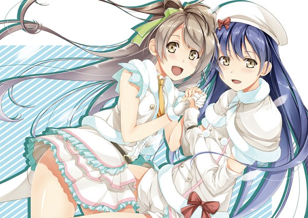 Anime picture 1154x819 with love live! school idol project sunrise (studio) love live! minami kotori sonoda umi shinohara shinome long hair looking at viewer blush open mouth brown hair multiple girls brown eyes blue hair one side up holding hands girl dress gloves ribbon (ribbons)