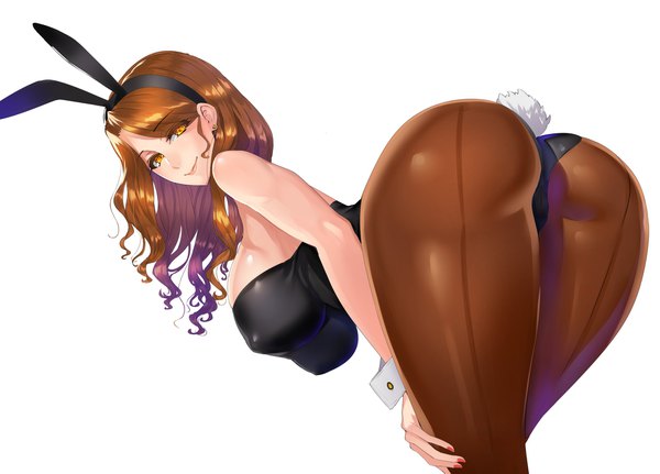 Anime picture 2205x1585 with original damegane single long hair looking at viewer highres breasts light erotic simple background smile brown hair white background bare shoulders animal ears ass tail animal tail looking back orange eyes leaning