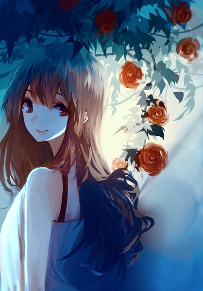 Anime picture 933x1338 with original prophet chu single long hair tall image looking at viewer fringe smile brown hair brown eyes looking back light white skin girl flower (flowers) rose (roses) leaf (leaves)