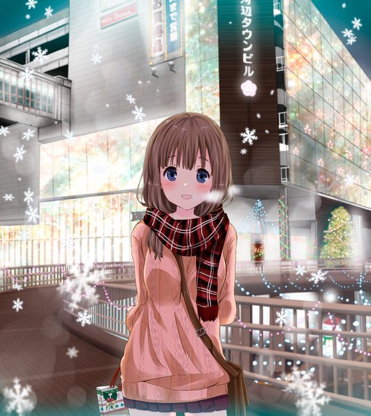 Anime picture 1200x1343 with original ragho no erika single long hair tall image looking at viewer blush blue eyes brown hair city snowing reflection winter exhalation city lights girl skirt scarf sweater gift