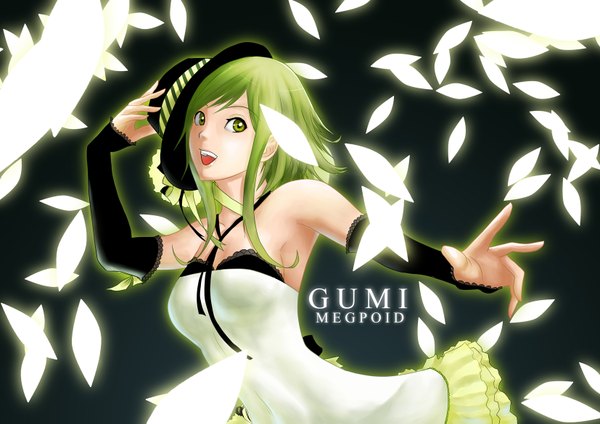 Anime picture 1654x1169 with vocaloid gumi single short hair open mouth green eyes green hair girl dress hat detached sleeves