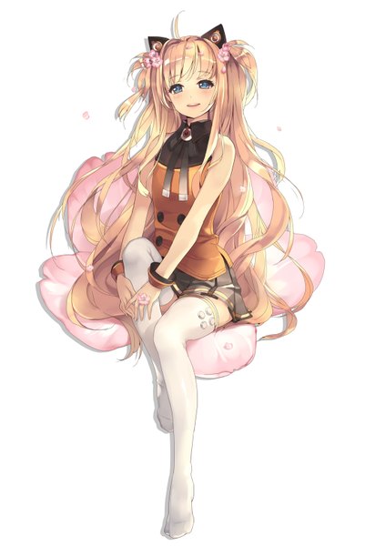 Anime picture 1074x1562 with vocaloid seeu btoor single long hair tall image blush open mouth blue eyes simple background blonde hair white background bare shoulders animal ears cat ears girl thighhighs skirt flower (flowers) miniskirt