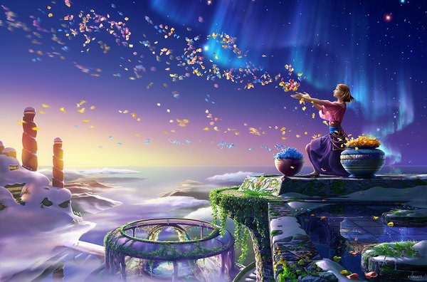 Anime picture 1600x1058 with original kagaya single short hair brown hair sitting looking away sky cloud (clouds) traditional clothes wind reflection snow horizon landscape fantasy aurora borealis girl plant (plants) petals