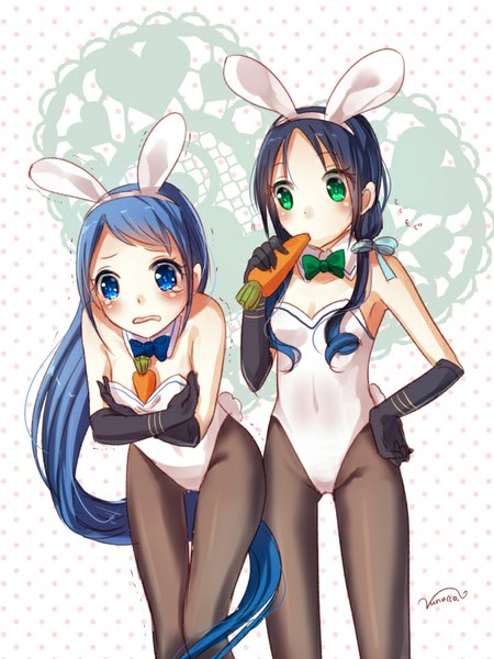 Anime picture 600x800 with kantai collection samidare destroyer suzukaze destroyer nunucco long hair tall image blush blue eyes light erotic twintails bare shoulders multiple girls green eyes signed animal ears blue hair tail very long hair animal tail bunny ears