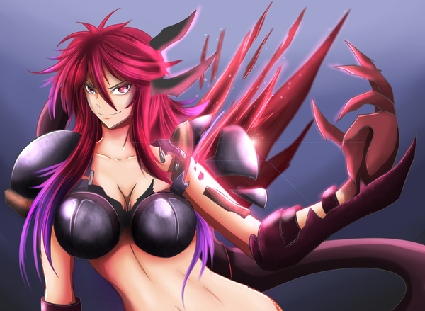 Anime picture 1977x1447 with league of legends shyvana (league of legends) torahime (roland00) single long hair looking at viewer highres breasts light erotic smile red eyes large breasts multicolored hair horn (horns) two-tone hair midriff smirk girl armor