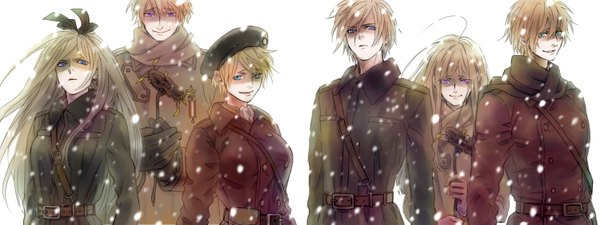 Anime picture 1500x563 with axis powers hetalia studio deen russia (hetalia) belarus (hetalia) ukraine (hetalia) komadori modoki long hair looking at viewer short hair blue eyes blonde hair simple background wide image standing white background purple eyes multiple girls holding aqua eyes wind