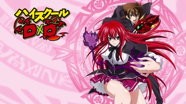 Anime picture 1920x1080 with highschool dxd rias gremory hyoudou issei long hair highres short hair breasts open mouth blue eyes light erotic black hair wide image ahoge red hair black eyes girl boy uniform school uniform