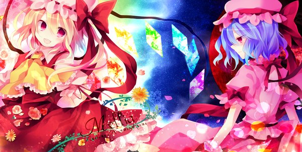 Anime picture 2000x1010 with touhou flandre scarlet remilia scarlet ibara riato highres short hair open mouth blonde hair wide image multiple girls blue hair profile pink eyes one side up girl dress bow 2 girls hair bow hat