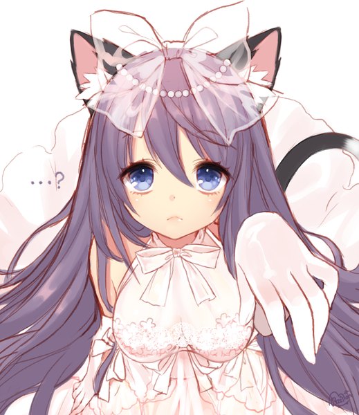 Anime picture 921x1065 with unleashed byulzzimon single long hair tall image looking at viewer blue eyes simple background white background bare shoulders animal ears purple hair tail animal tail cat ears cat tail text question girl dress