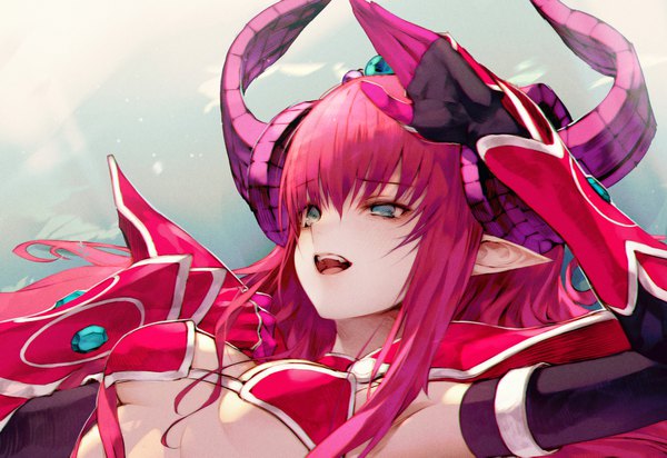 Anime picture 1878x1291 with fate (series) fate/extra fate/extra ccc elizabeth bathory (fate) (all) elizabeth bathory (brave) (fate) wanke single long hair blush fringe highres breasts open mouth light erotic hair between eyes payot pink hair cleavage upper body lying