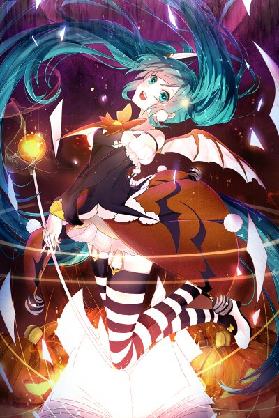 Anime picture 800x1200 with vocaloid hatsune miku phino (jinko0094) single tall image open mouth twintails very long hair aqua eyes aqua hair halloween girl thighhighs dress wings striped thighhighs jack-o'-lantern