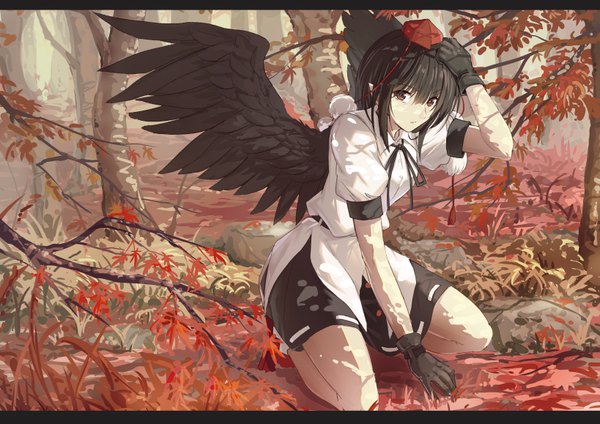 Anime picture 819x579 with touhou shameimaru aya cibo (killy) single looking at viewer fringe short hair black hair hair between eyes black eyes puffy sleeves kneeling letterboxed hand on head black wings girl gloves wings black gloves leaf (leaves)