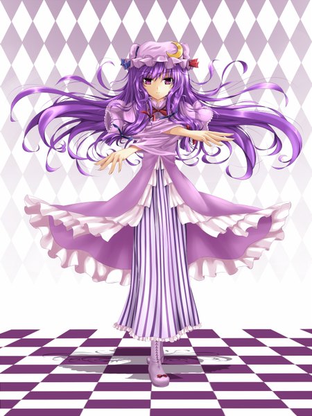 Anime picture 1201x1600 with touhou patchouli knowledge cloudy.r single long hair tall image standing purple eyes purple hair striped checkered floor crescent rhombus girl boots headdress