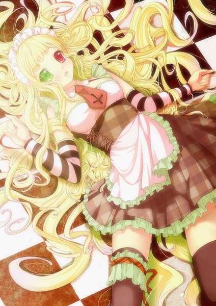 Anime picture 1061x1500 with original spirtie long hair tall image blonde hair lying maid heterochromia striped checkered floor curly hair girl thighhighs black thighhighs detached sleeves apron