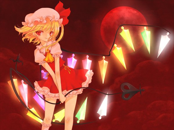 Anime picture 1024x768 with touhou flandre scarlet .ree single looking at viewer short hair blonde hair puffy sleeves one side up red moon girl ribbon (ribbons) weapon hat wings moon bonnet ascot laevatein (touhou)