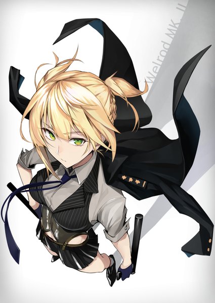 Anime picture 708x1000 with girls frontline welrod mk2 (girls frontline) shijiu (adamhutt) single tall image looking at viewer fringe short hair blonde hair simple background hair between eyes standing twintails green eyes full body from above wind grey background character names short twintails