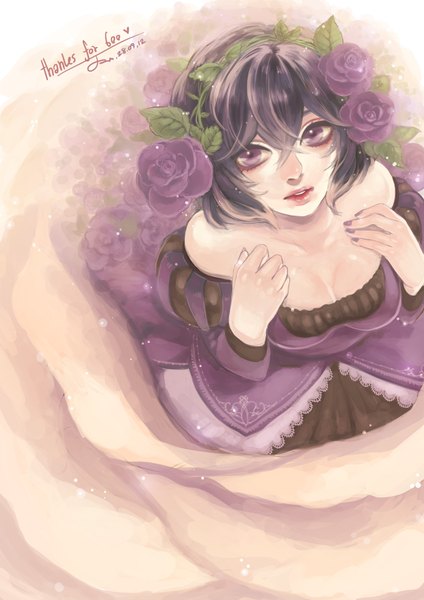 Anime picture 1240x1754 with original rm-parfait single tall image looking at viewer short hair black hair purple eyes bare shoulders signed hair flower inscription girl dress hair ornament flower (flowers) rose (roses) fireflies