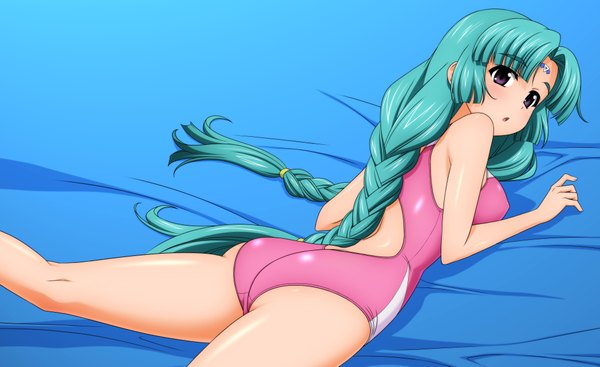 Anime picture 4186x2561 with lost universe canal volphied wave ride single long hair blush highres open mouth light erotic wide image purple eyes absurdres braid (braids) aqua hair girl swimsuit