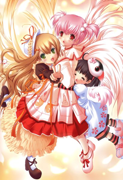 Anime picture 4626x6770 with nimura yuuji tall image highres black hair blonde hair red eyes twintails multiple girls green eyes pink hair absurdres loli short twintails girl dress ribbon (ribbons) hat wings 3 girls