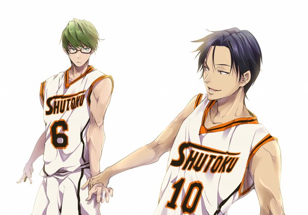 Anime picture 1200x840 with kuroko no basket production i.g midorima shintarou takao kazunari rakeng short hair open mouth black hair simple background smile white background brown eyes green eyes looking away green hair multiple boys holding hands clothes writing boy uniform