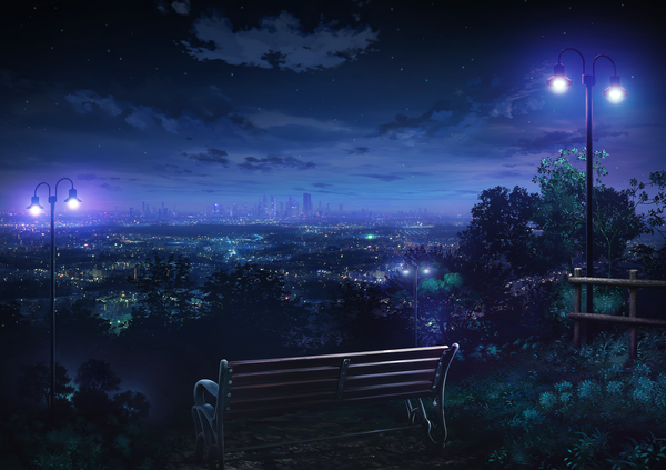 Anime picture 2522x1781 with original monorisu highres sky cloud (clouds) night city horizon cityscape no people landscape scenic city lights plant (plants) tree (trees) building (buildings) star (stars) bench