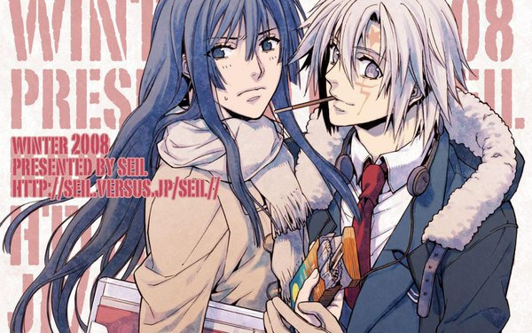 Anime picture 1920x1200 with d.gray-man allen walker kanda yuu seil (artist) long hair looking at viewer highres short hair blue eyes smile wide image purple eyes blue hair looking away purple hair light smile grey hair open clothes open jacket multiple boys