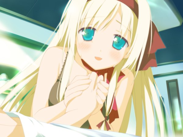 Anime picture 1600x1200 with hoshizora no memoria hisakaki kosame shida kazuhiro single long hair looking at viewer blush open mouth blonde hair bare shoulders game cg aqua eyes tears holding hands girl ribbon (ribbons) hair ribbon