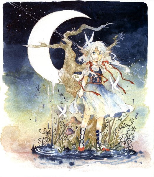 Anime picture 1044x1200 with original yoki (artist) long hair tall image open mouth blue eyes white hair framed head wings crescent traditional media watercolor (medium) girl ribbon (ribbons) plant (plants) hair ribbon tree (trees) water pendant insect