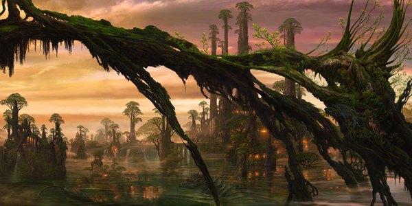 Anime picture 2000x1000 with original ucchiey highres wide image sky cloud (clouds) city evening sunset fantasy city lights swimming overgrown plant (plants) animal tree (trees) water building (buildings) dragon