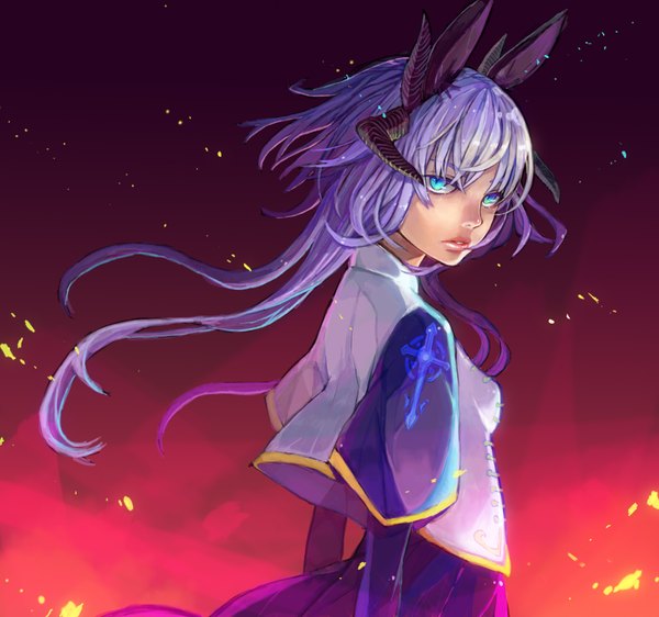 Anime picture 2133x2000 with original sono (pixiv) single long hair highres animal ears blue hair purple hair horn (horns) girl dress