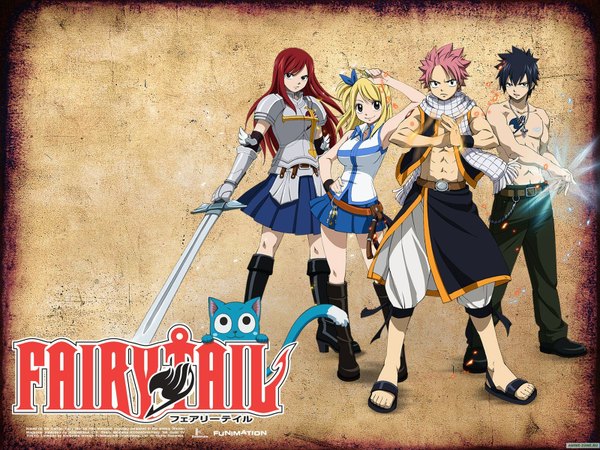 Anime picture 1600x1200 with fairy tail lucy heartfilia erza scarlet natsu dragneel gray fullbuster happy (fairy tail) long hair short hair black hair simple background blonde hair multiple girls brown eyes pink hair red hair black eyes inscription armpit (armpits) tattoo sleeveless