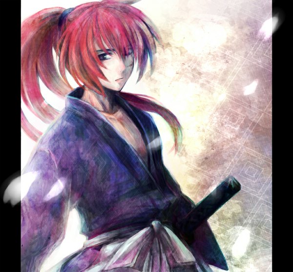 Anime picture 1024x950 with rurouni kenshin himura kenshin mare (artist) single long hair green eyes ponytail red hair japanese clothes scar boy weapon petals sword