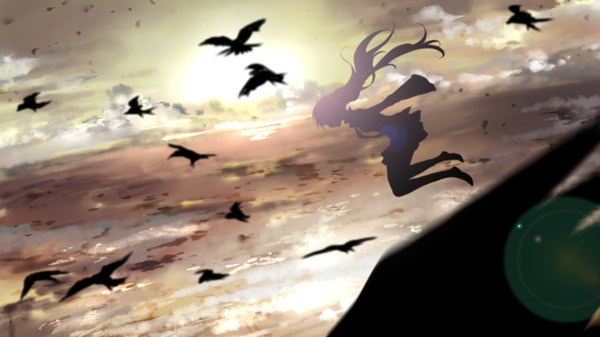 Anime picture 2240x1260 with vocaloid hatsune miku mariwai (marireroy) long hair highres wide image profile evening sunset jumping silhouette girl animal sea bird (birds)