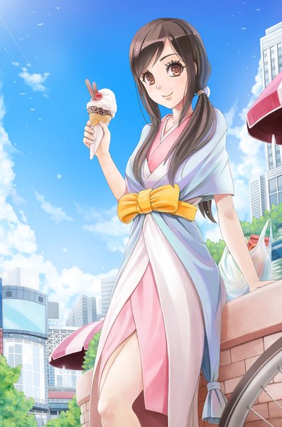 Anime picture 1100x1660 with shin sekai yori a-1 pictures watanabe saki sunimu single long hair tall image looking at viewer black hair smile brown eyes sky cloud (clouds) girl dress food sweets ice cream