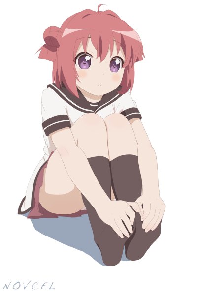 Anime picture 1600x2400 with yuru yuri doga kobo akaza akari novcel single tall image looking at viewer blush short hair light erotic simple background sitting purple eyes ahoge red hair pleated skirt shadow hair bun (hair buns) crossed legs expressionless